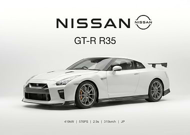 white Nissan GT-R R35 sport car poster