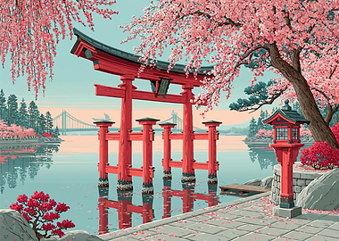Japanese Torii Gate in Cherry Blossoms