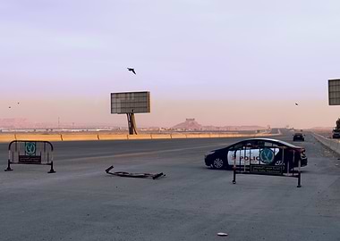 Police car at a road checkpoint