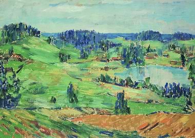 Impressionistic Landscape with Lake and Village