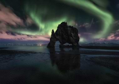 Aurora Borealis over Hvítserkur rock formation