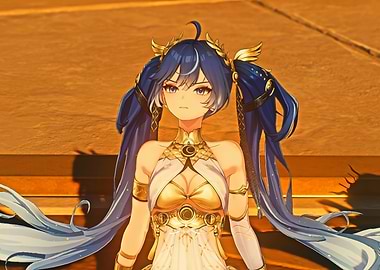 Anime character with blue hair and gold outfit