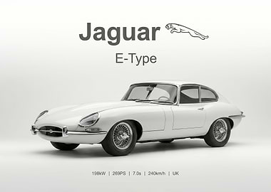 Classic White Jaguar E-Type car poster
