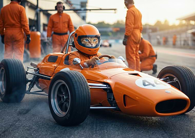 Cat racing driver in orange car
