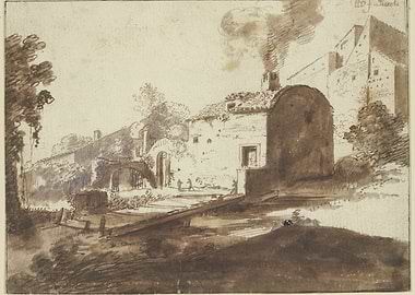 Rustic building with smoke and castle