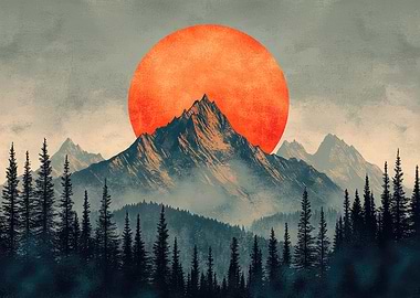 Mountain Landscape with Orange Sun