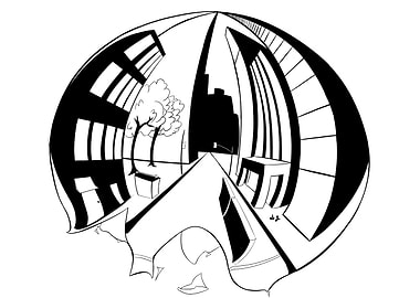 Distorted Cityscape with Buildings and Tree