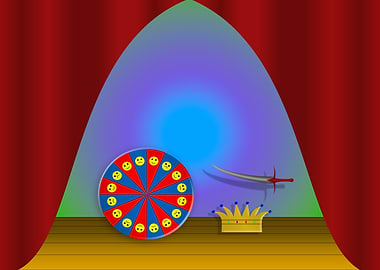 Stage with Game Wheel, Sword, and Crown