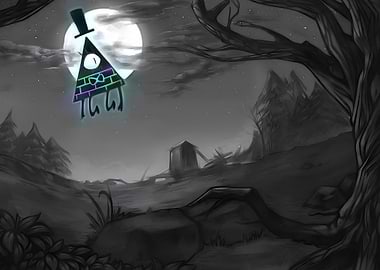 Bill Cipher in a spooky landscape