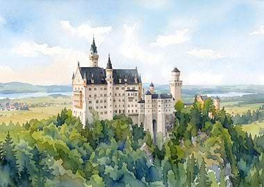 Neuschwanstein Castle Watercolor Painting