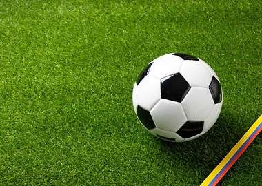 Soccer ball on green grass with ribbon