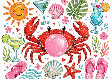 Cute Crab with Summer Beach Elements