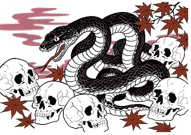 Snake and Skulls with Maple Leaves