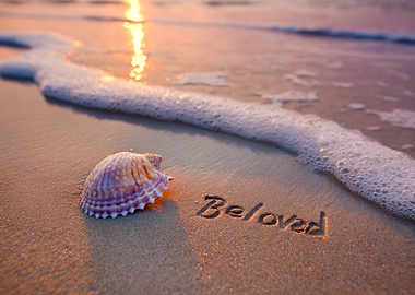 Seashell and Beloved message on beach
