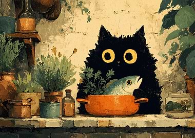 Black Cat with Fish in Pot