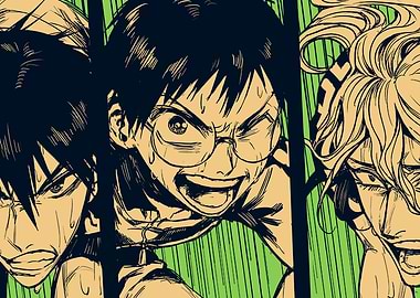 Three anime characters in intense close-up