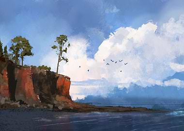 Coastal Cliff with Trees and Birds