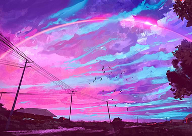 Vibrant Sunset Sky with Rainbow and Silhouetted Landscape