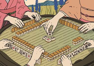 People playing Mahjong in a garden