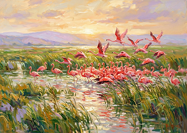 Flamingos in a Marsh at Sunset