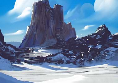 Snowy Mountain Landscape with Birds