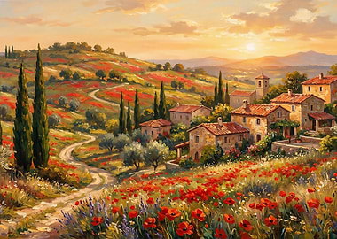 Tuscan Village with Poppy Fields