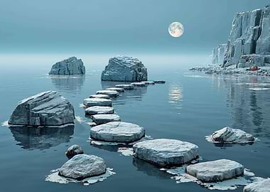 Stepping stones across icy water under moonlight