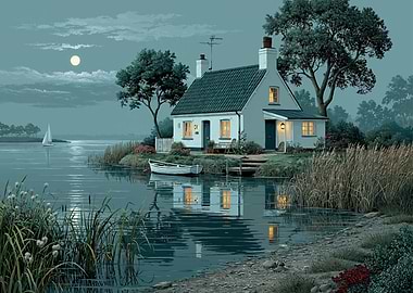 Moonlit Cottage by the Lake