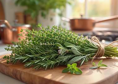 Fresh Herbs on Cutting Board