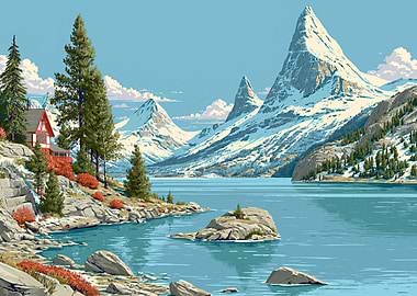 Alpine Lake Cabin with Snow-Capped Mountains
