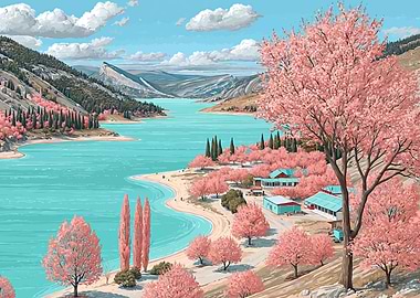 Serene Lakeside Village with Cherry Blossoms