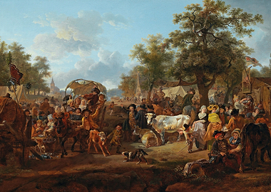 Bustling Market Scene with Animals and People