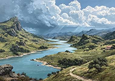 Serene River Valley Landscape Painting