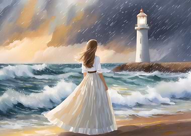 Woman by the Lighthouse in a Storm