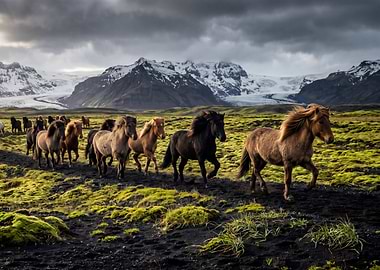 Herd of Icelandic Horses in a Dramatic Landscape