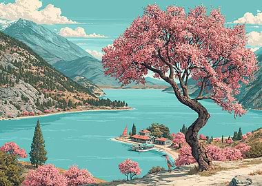 Serene Lakeside Landscape with Cherry Blossoms