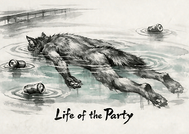 Wolf Floats Amidst Beer Cans