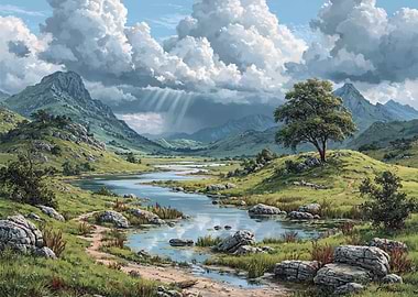 Serene Mountain Landscape with River
