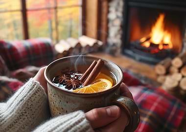 Cozy Autumn Drink by Fireplace