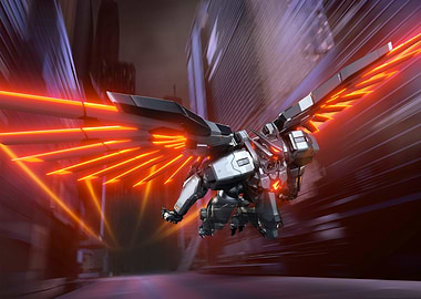 Mecha Bird Flying Through City