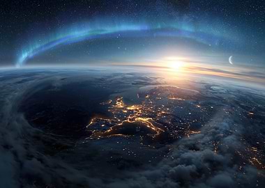 Earth from Space with Aurora and Sunrise