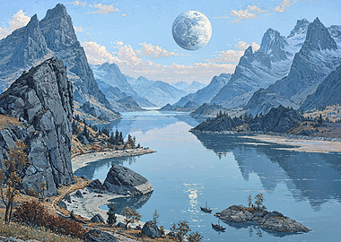Alien Landscape with Moon and Mountains