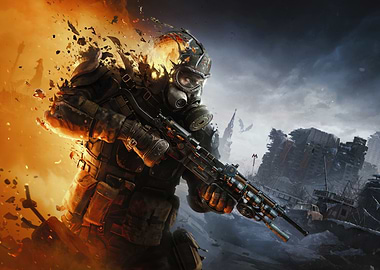 Post-apocalyptic soldier with gas mask