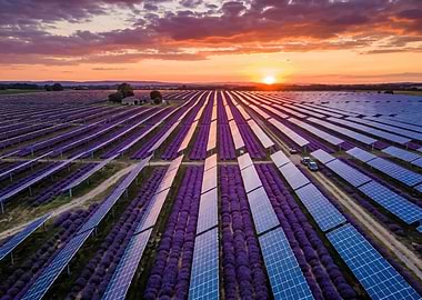 Solar Farm at Sunset with Lavender Fields