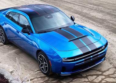 Blue Dodge Charger with racing stripes