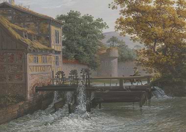A mill with three gears, a man on a donkey on the bridge