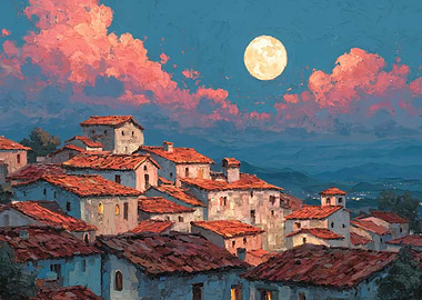 Moonlit Mediterranean Village