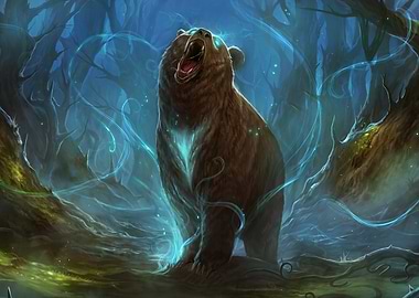 Bear Roaring in Mystical Forest