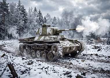 Tank Firing in Snowy Forest