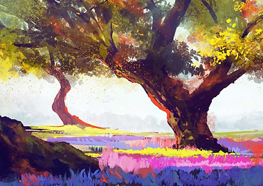 Vibrant Trees and Wildflowers